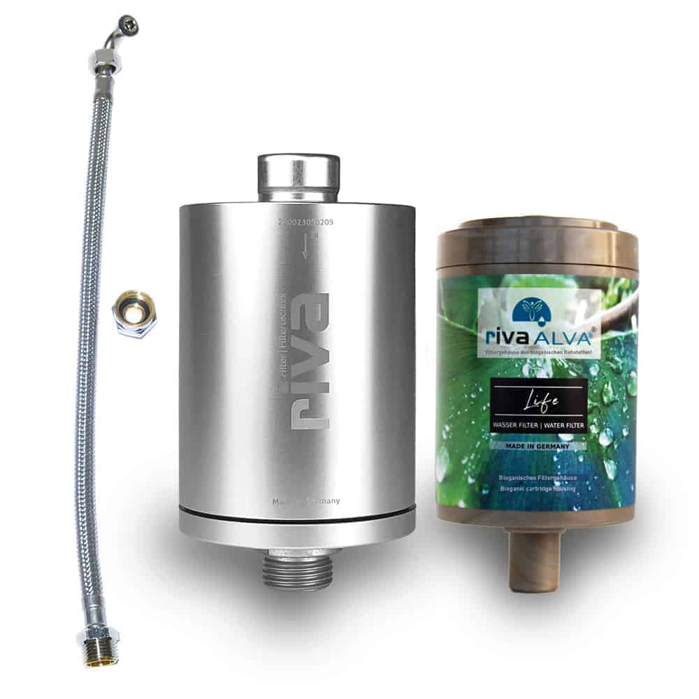 rivaALVA LIFE Trinkwasserfilter  Blockaktivkohlefilter, organisches  Kartuschengehäuse, Metallgehäuse, inkl. Schlauchanschluss-Set – Natural Aqua